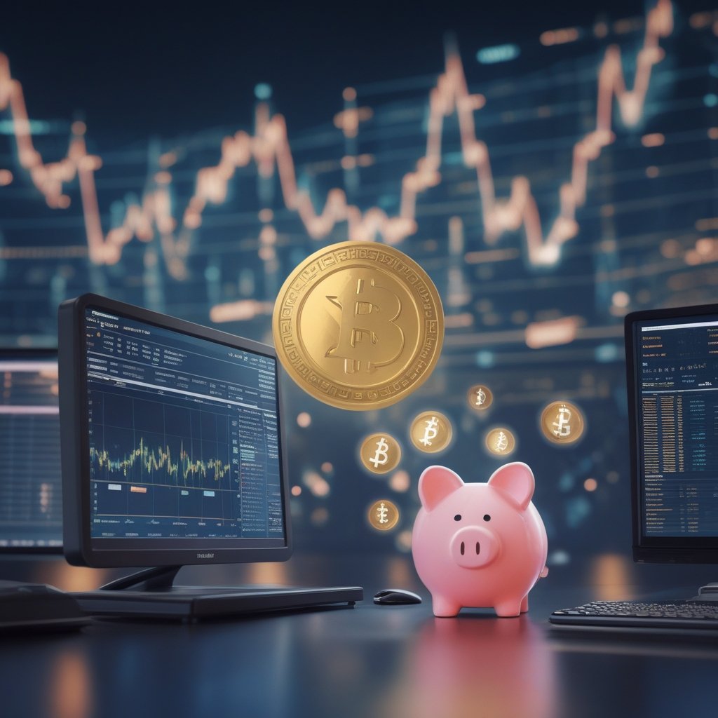 XRP ETF inflows: A happy child holding a piggy bank shaped like a computer, with XRP symbols floating around.
