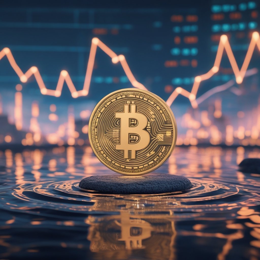 XRP ETF inflows: Cartoon ripples in a pond spreading out from an XRP stone, simple and cheerful