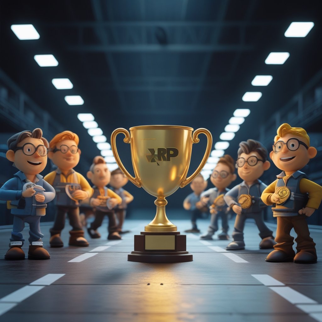 XRP ETFs: A cartoon race track with different ETF characters running, with XRPC in the lead holding a big trophy