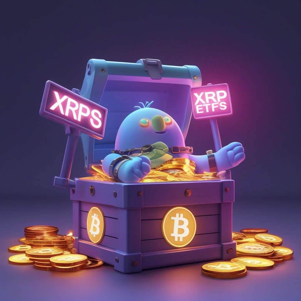 XRP ETFs: A colorful illustration of a toy box filled with glowing digital coins, with a friendly cartoon character holding a sign that says 'XRP ETFs'