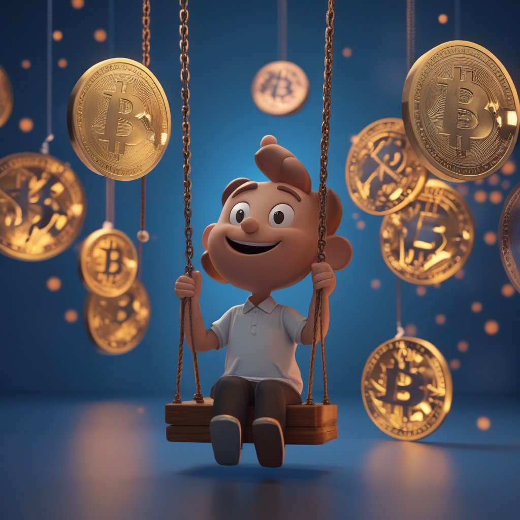 XRP ETFs: A friendly cartoon character sitting on a swing, with XRP coins swinging up and down