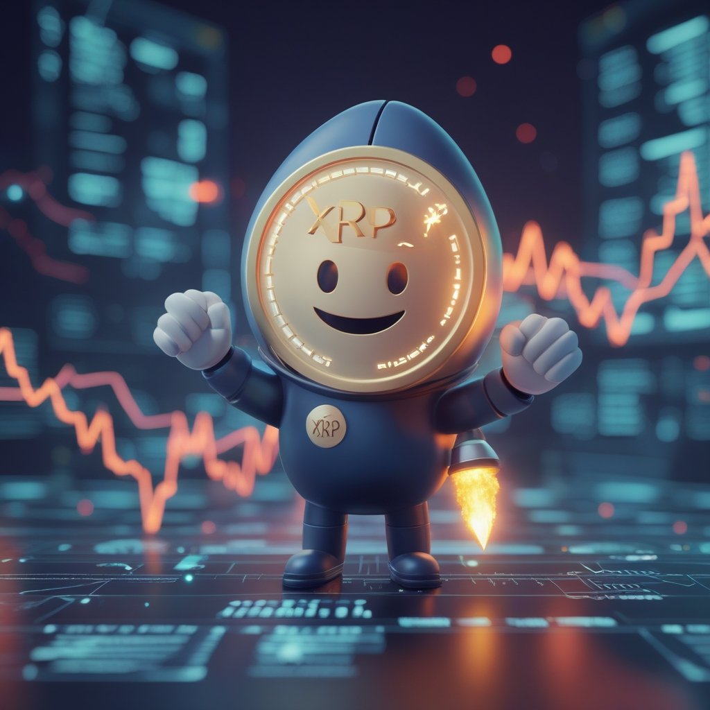 XRP breakout: A simple cartoon of a smiling XRP character with a rocket, showing excitement and movement