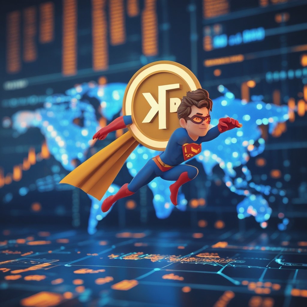 XRP price analysis: A cartoon XRP coin flying like a superhero across a world map