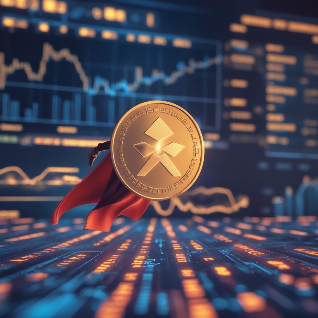 XRP price prediction 2025: A cartoon Solana coin wearing a superhero cape, flying over a city