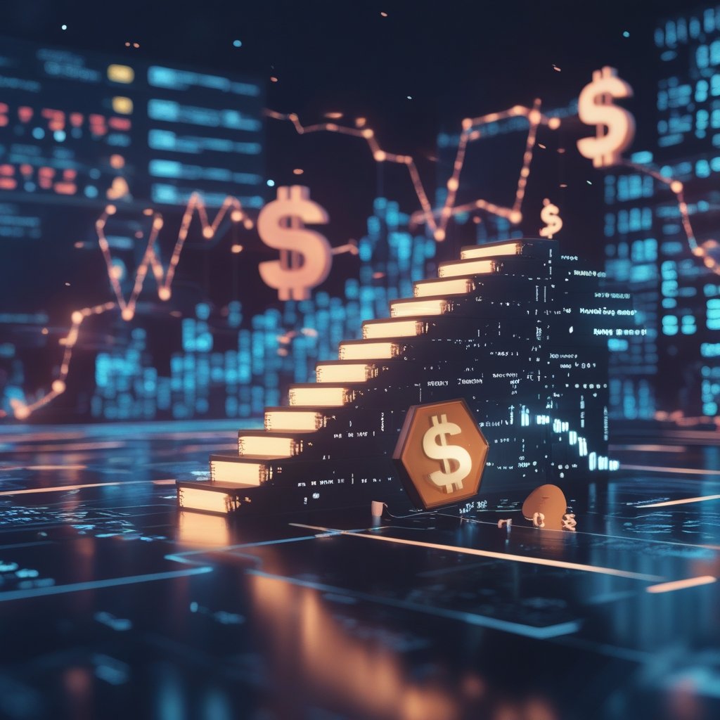 XRP price prediction 2025: A cartoon showing an XRP coin going up a staircase labeled with dollar signs