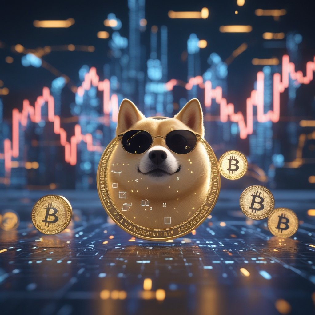 XRP price prediction 2025: A cute cartoon dog wearing sunglasses, representing Dogecoin, with price numbers floating around