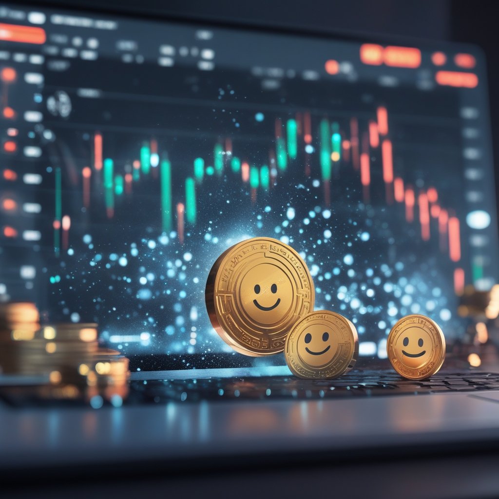 XRP price prediction 2025: A friendly cartoon showing three digital coins with smiling faces on a computer screen
