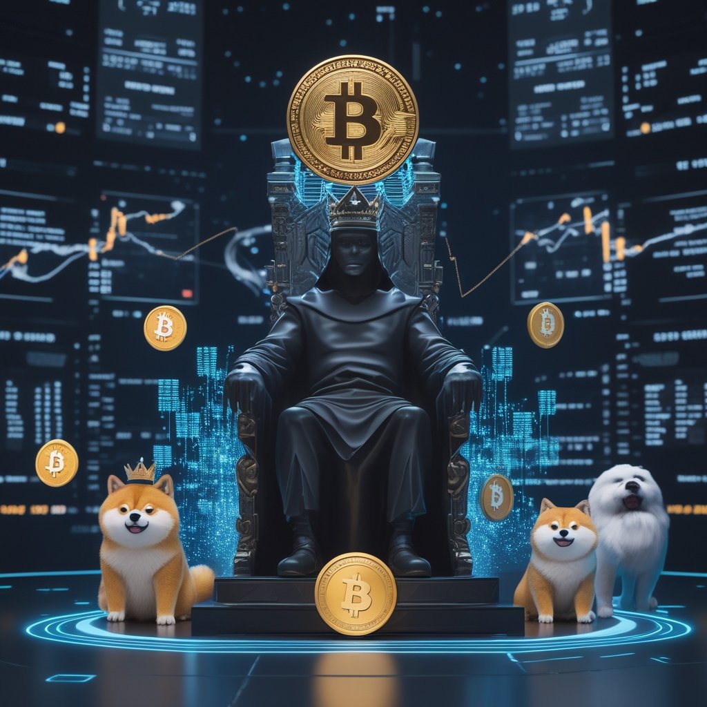 XRP price prediction 2025: Bitcoin as a king sitting on a throne while XRP, Dogecoin, and Shiba Inu wave from below