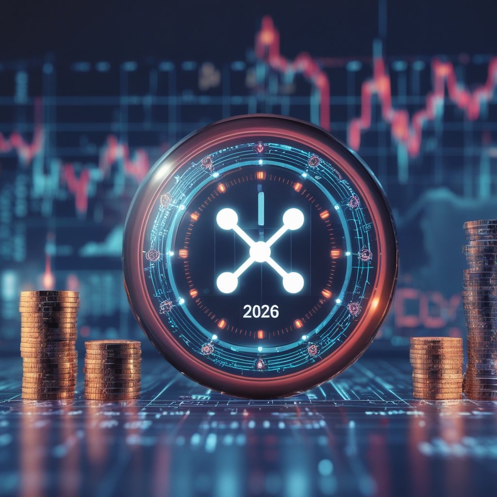 XRP price prediction 2026: A friendly clock showing the year 2026 with XRP coins popping out