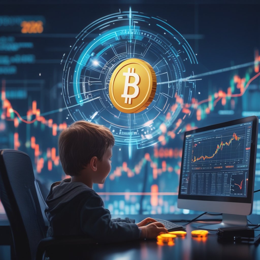 XRP price prediction 2026: A happy child looking at a computer with colorful coins on screen