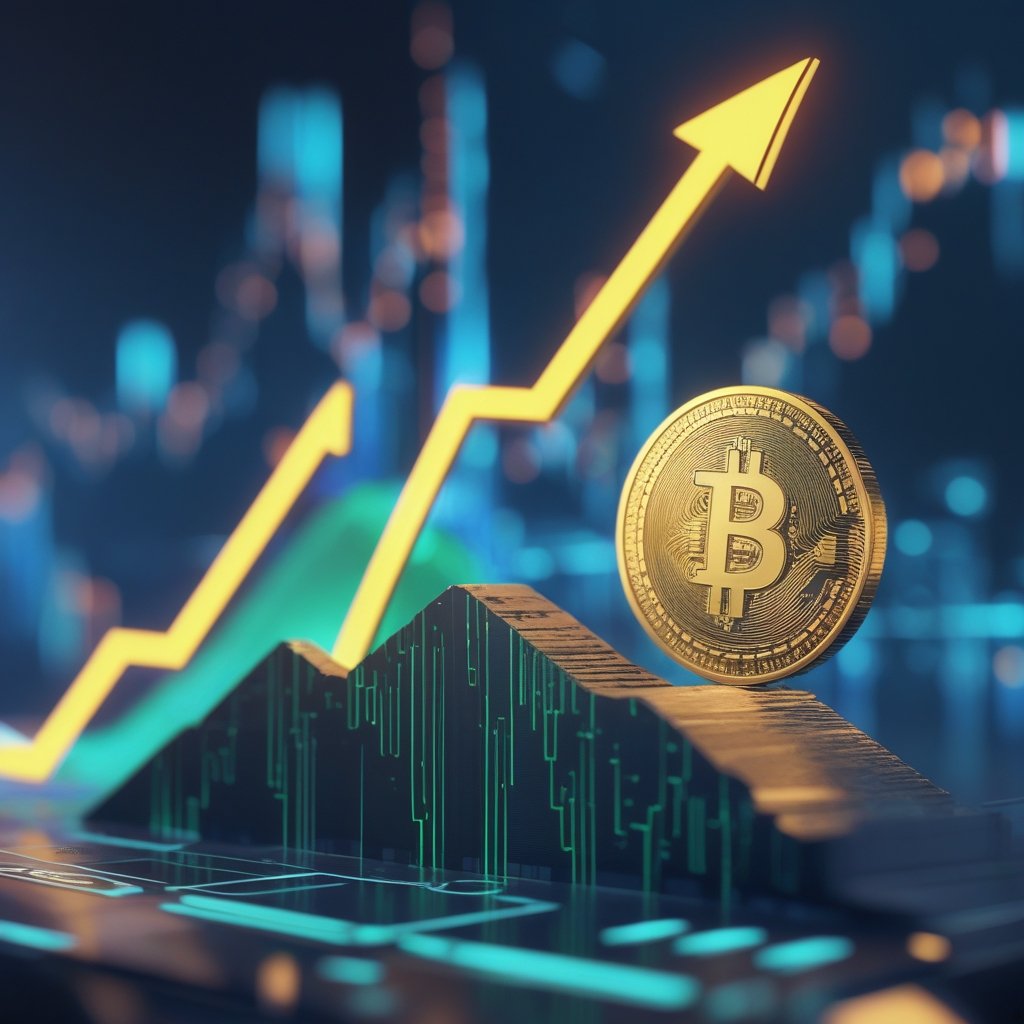 XRP price prediction: A bright chart with a green line going up, like a hill, with a smiling XRP coin at the top