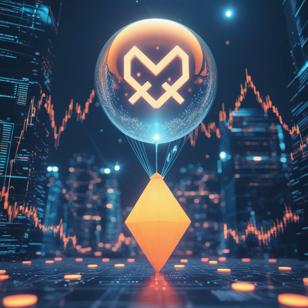 XRP price prediction: A bright, happy balloon with an XRP logo floating up towards a big, friendly sun in the sky.