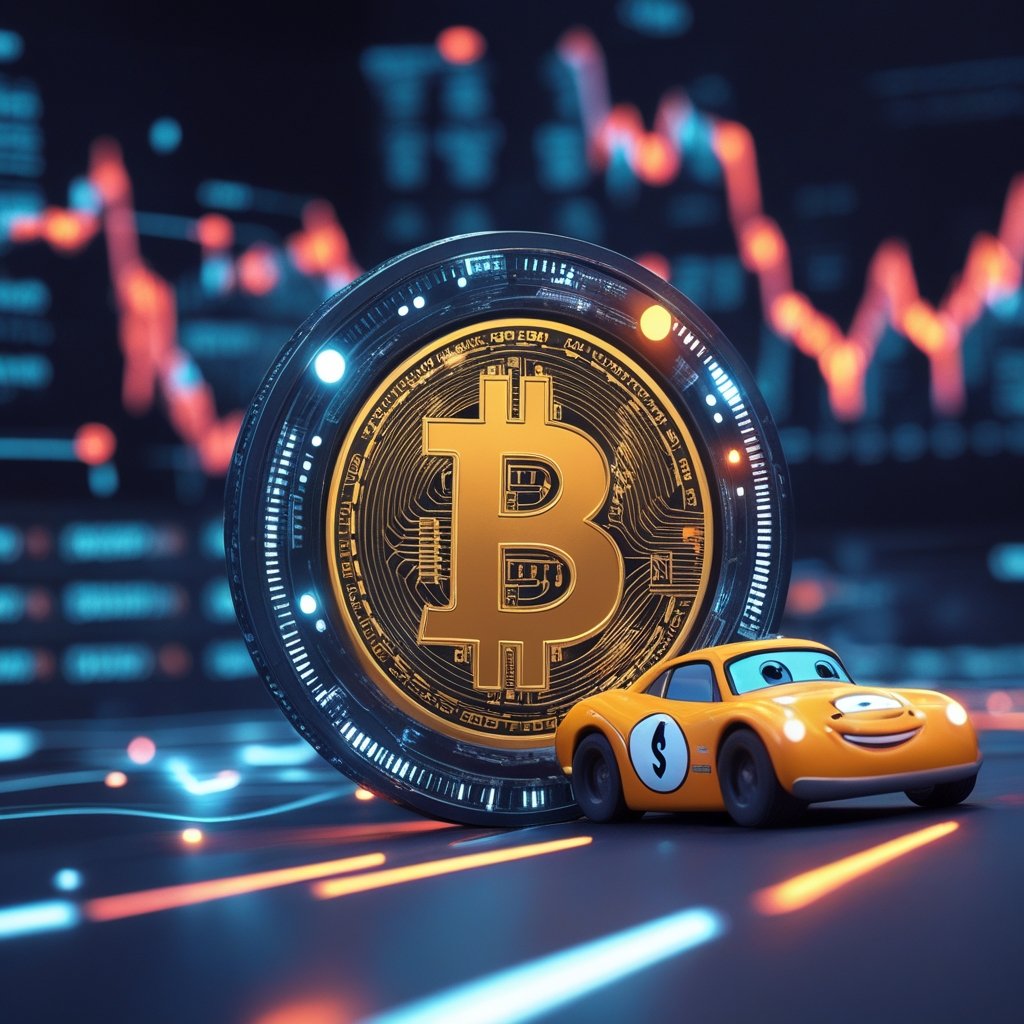 XRP price prediction: A cartoon race car named Solana zooming on a track with happy faces, simple and bright
