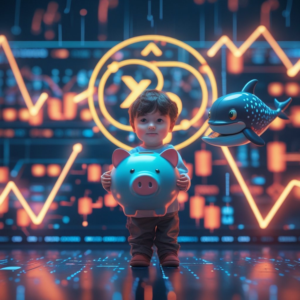 XRP price prediction: A child holding a piggy bank labeled 'XRP' while a cartoon whale watches from afar