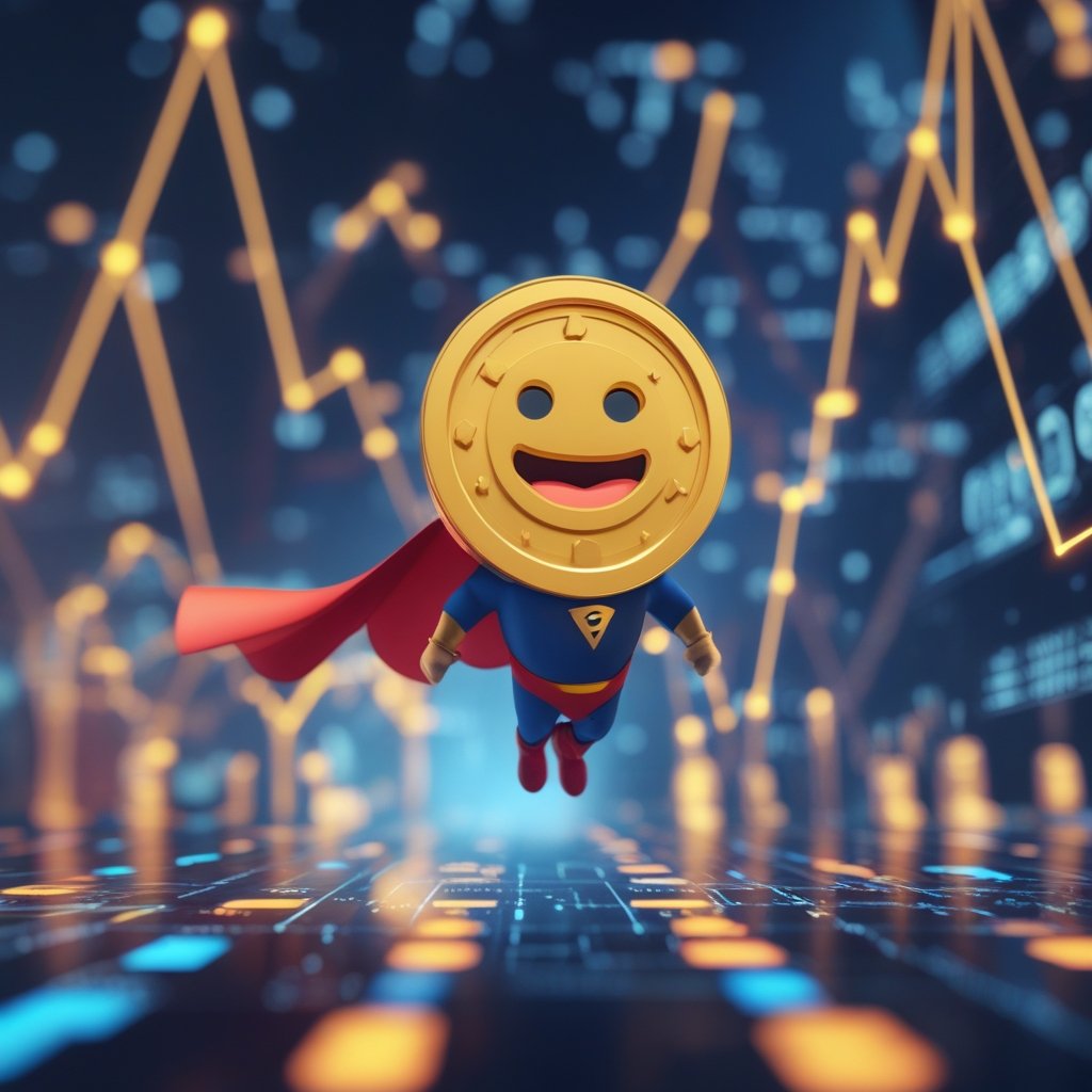 XRP price prediction: A friendly cartoon XRP coin with a big smile, wearing a superhero cape, flying toward the stars
