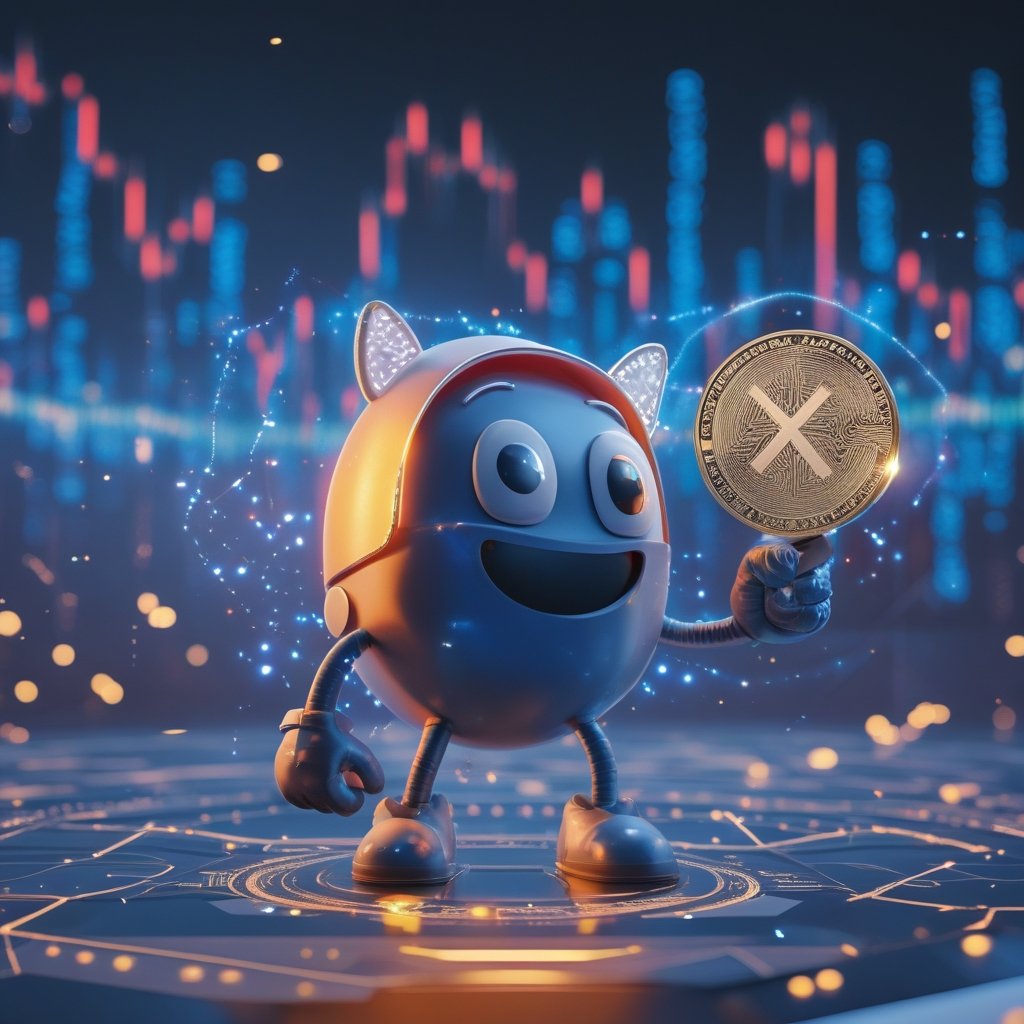 XRP price prediction: A friendly cartoon character with a sparkly XRP coin, smiling and explaining it's like a digital superhero toy.