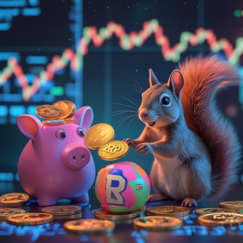 XRP price prediction: A friendly cartoon squirrel putting shiny coins into a colorful piggy bank labeled 'XRP ETF', with a big smile.