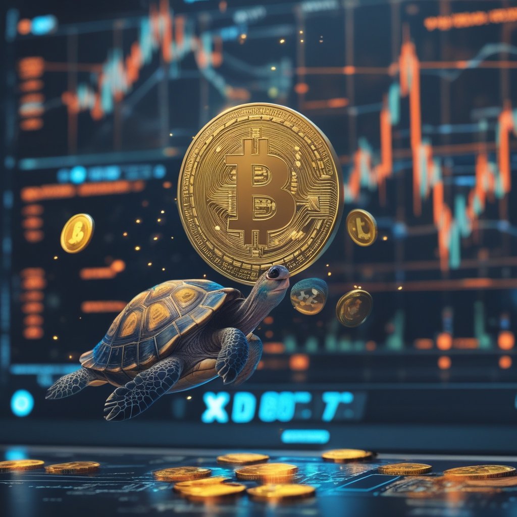 XRP price prediction: A turtle racing a rabbit on a computer screen with digital coins flying around