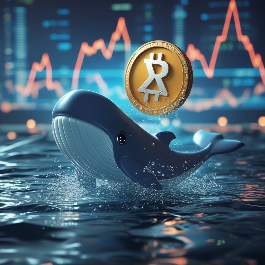 XRP whale dump: A cartoon of a friendly whale spilling digital coins like XRP into the ocean, simple and colorful