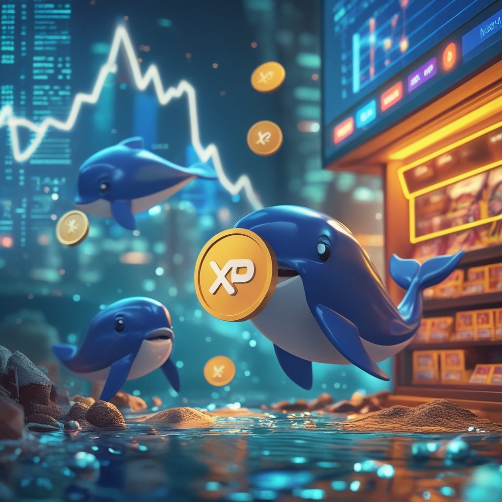 XRP whales: A cartoon ocean with big fish labeled XRP whales swimming away from a toy store that has XRP coins instead of toys