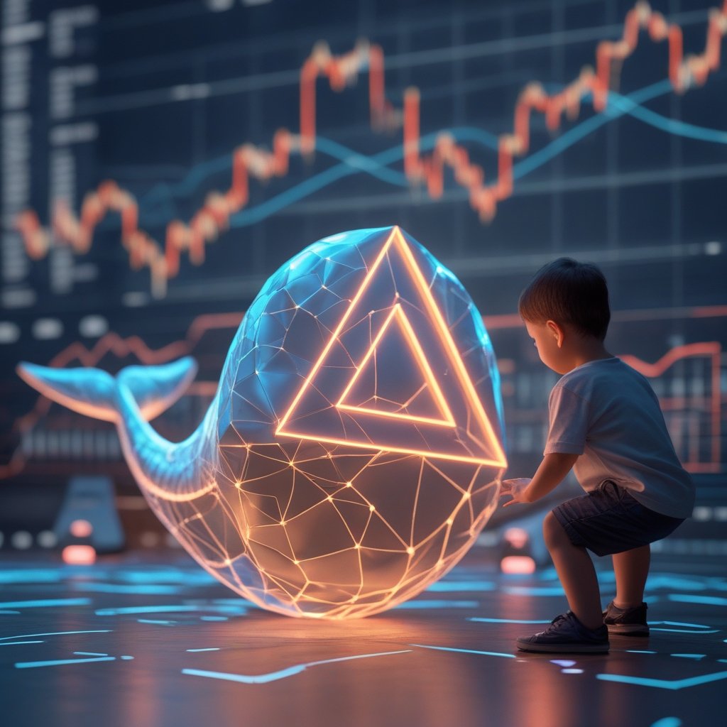 XRP whales: A cartoon of a child looking at a big chart with a triangle and arrows pointing up and down