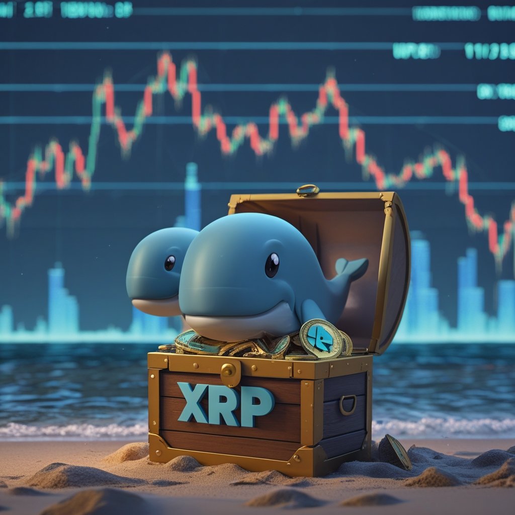 XRP whales: A cartoon of a treasure chest labeled cold wallet with XRP coins inside, sitting on a beach