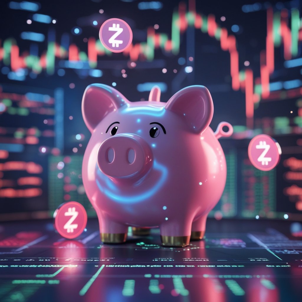 Zcash price forecast: A cartoon piggy bank with Zcash symbols floating around it