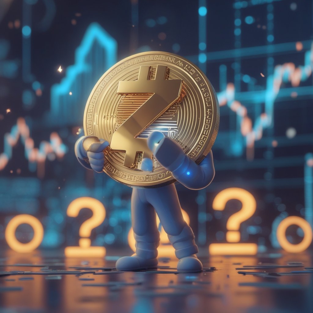 Zcash price prediction: A friendly cartoon character holding a shiny coin with a question mark, surrounded by simple shapes like stars and clouds