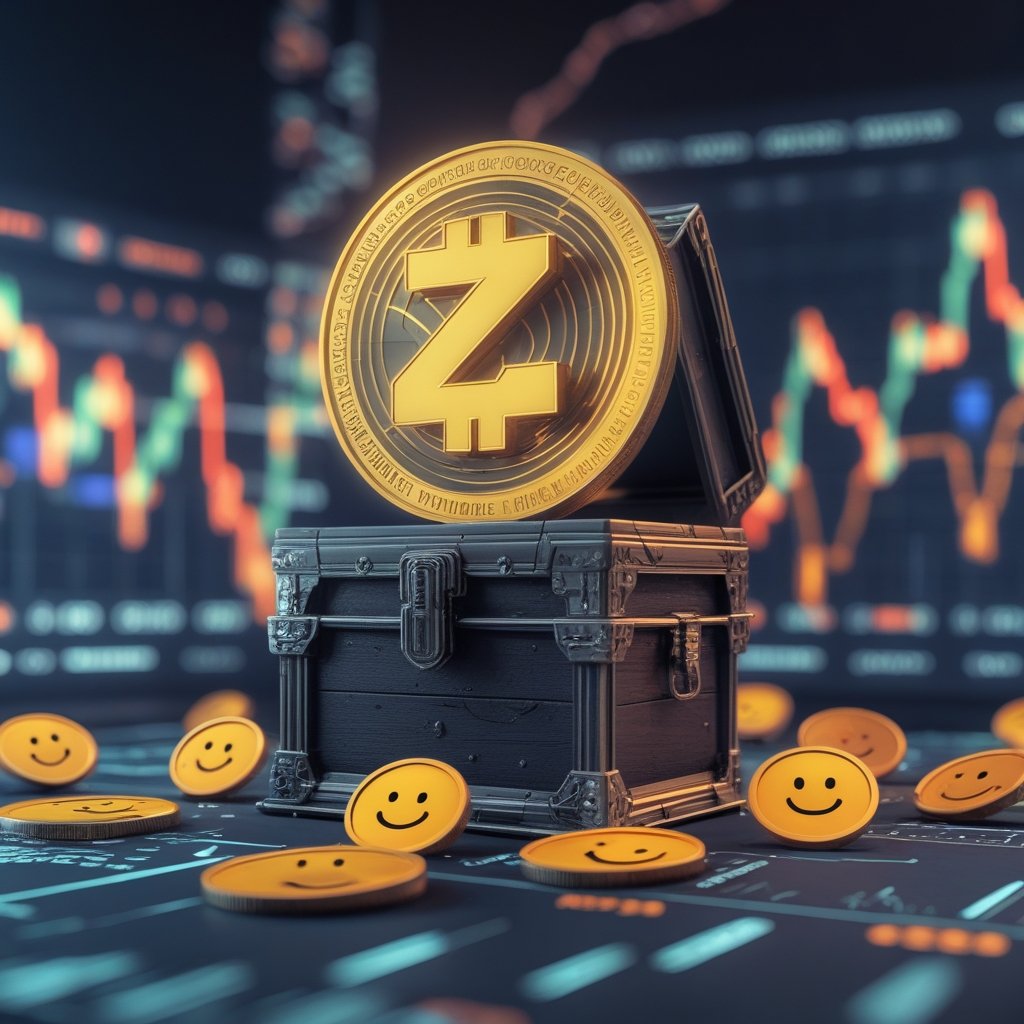 Zcash price prediction: A simple drawing of a treasure chest with a lock, surrounded by friendly cartoon coins with happy faces