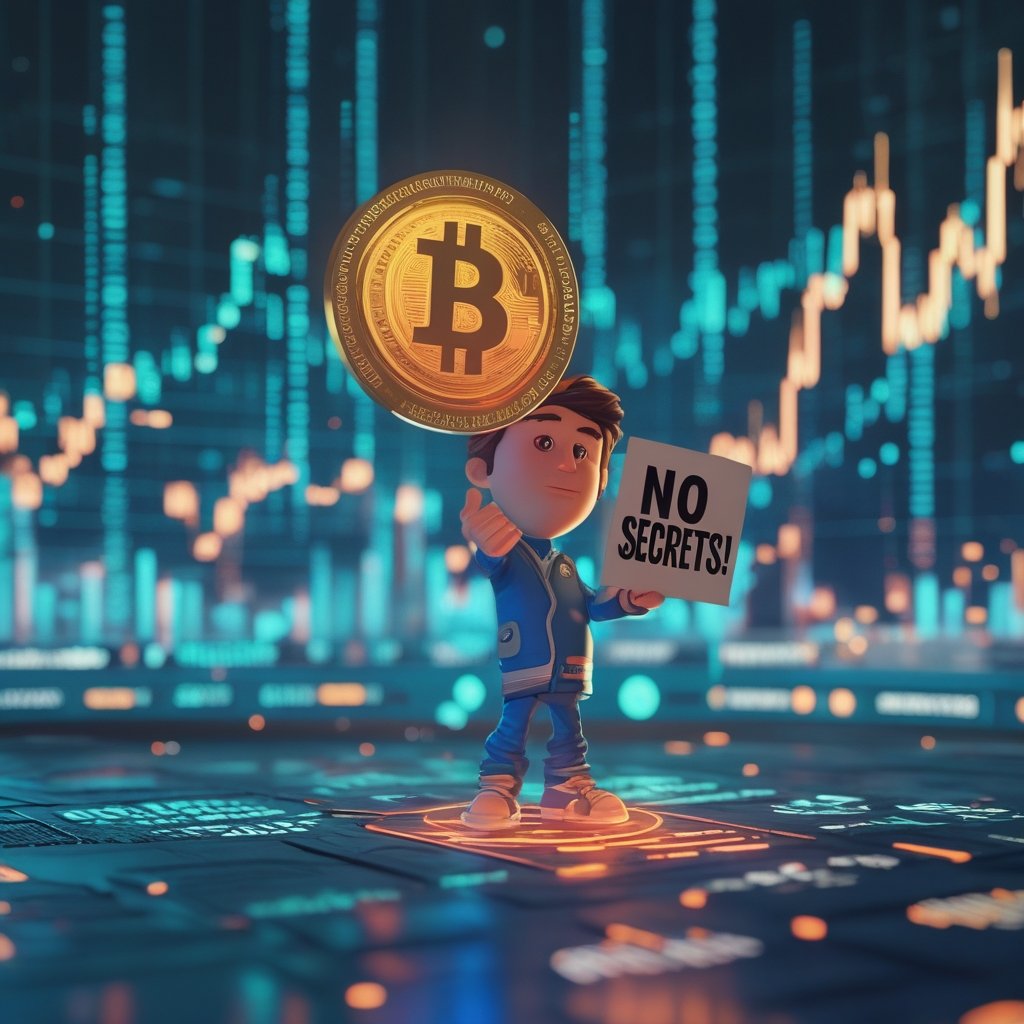 Zcash privacy coin: A cartoon character holding a sign that says 'No Secrets!' while secretly holding a hidden coin.