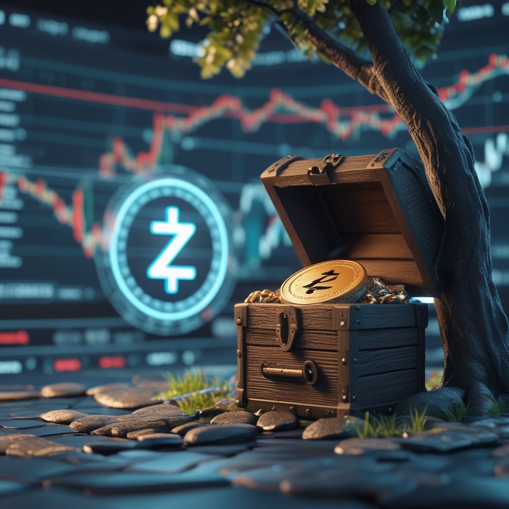 Zcash privacy coin: A friendly cartoon treasure chest with a shining coin inside, hidden behind a tree.