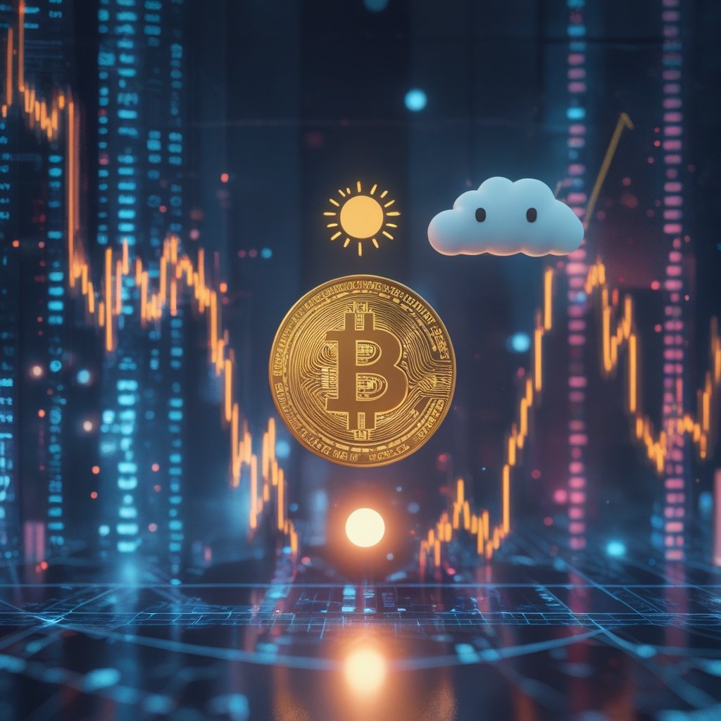 bitcoin bottom indicators: A simple line chart showing a line going up and then down, with a happy sun and a sad cloud to show the changes in price