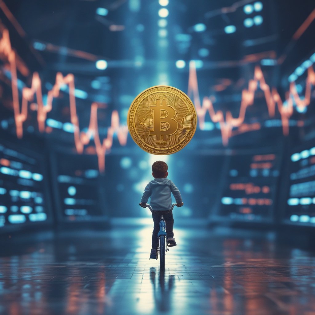 bitcoin etf: A child riding a bike slowly with training wheels