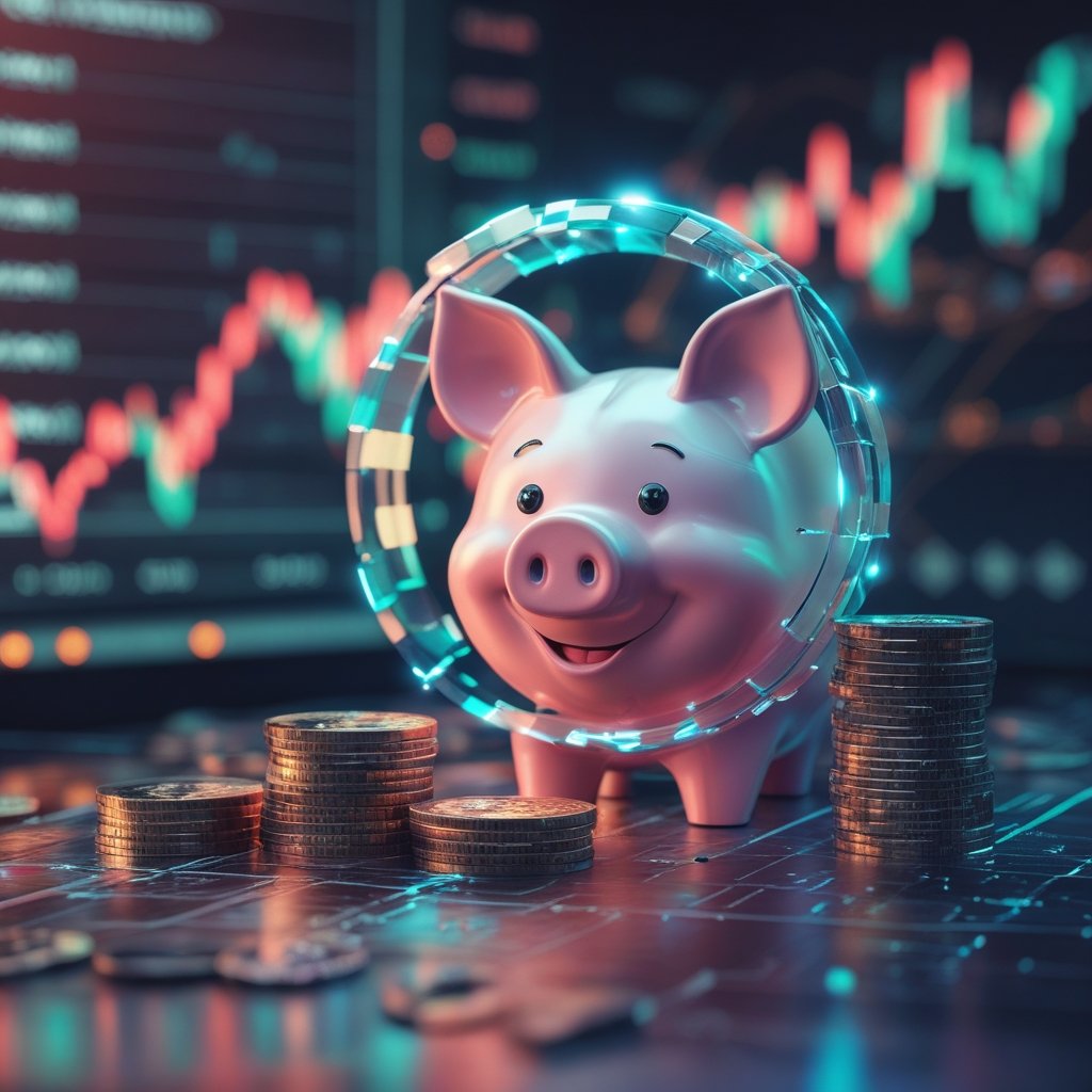 bitcoin japan rates: A friendly cartoon piggy bank smiling next to a stack of coins, with a bright sun in the background