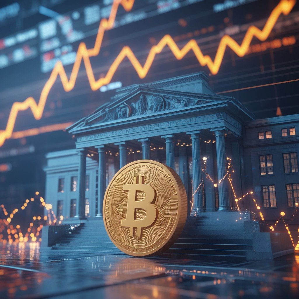 bitcoin price: A cartoon Federal Reserve building with a big sign saying 'Decision Day' and Bitcoin price falling like a slide