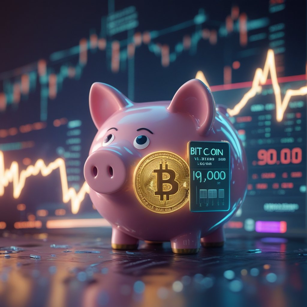 bitcoin price: A cartoon piggy bank with a digital Bitcoin coin inside, showing a price tag with $90,000