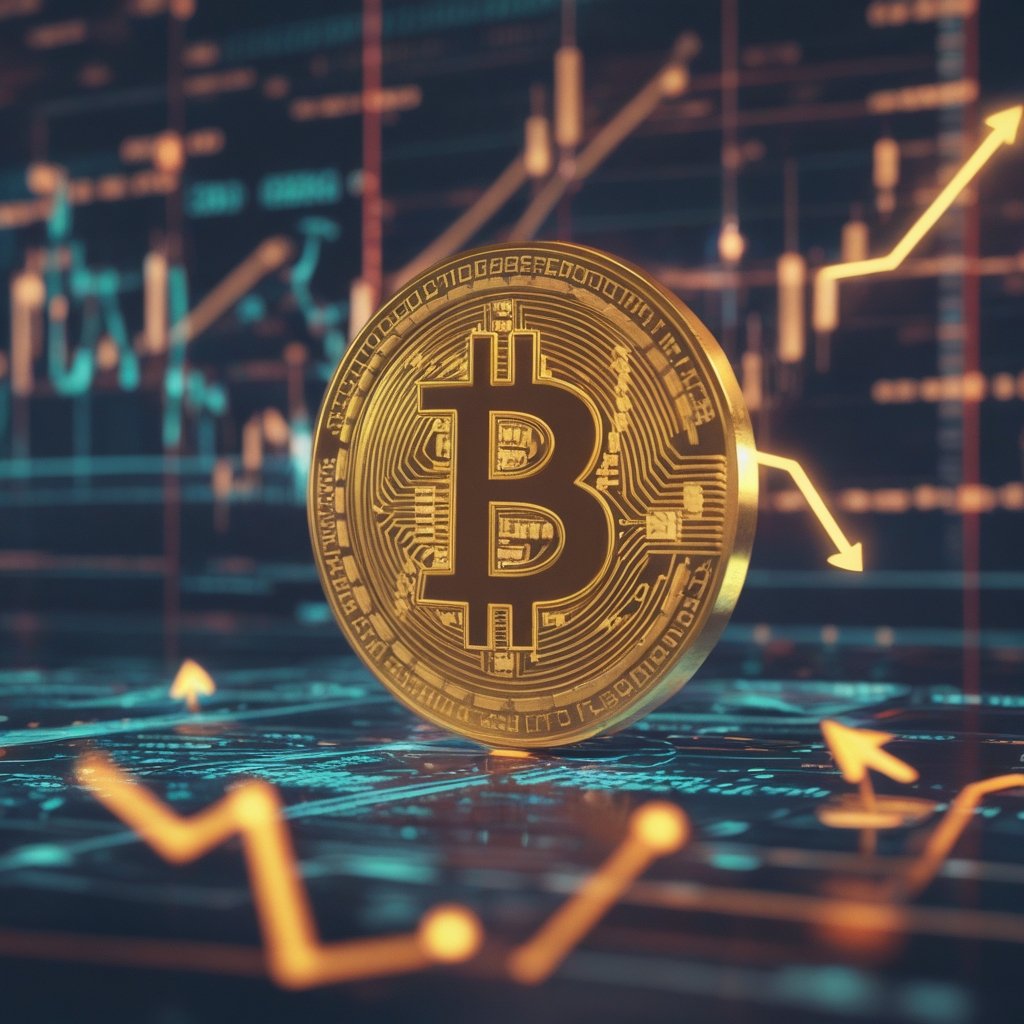 bitcoin price surge: A cartoon of a golden coin floating up with an arrow pointing to it, for kids