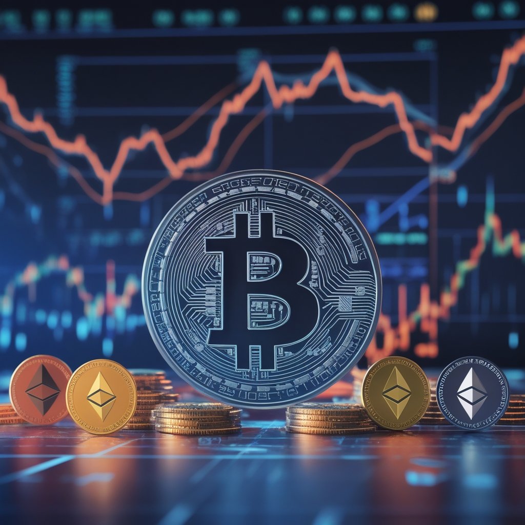 bitcoin price surge: A cartoon of different-colored coins (Ethereum, XRP, etc.) jumping up together