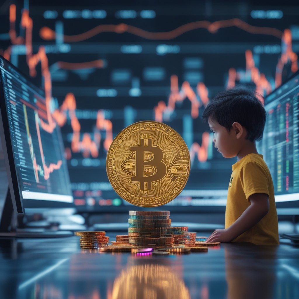 crypto daybook americas: A cartoon child looking at colorful coins with computer screens in the background
