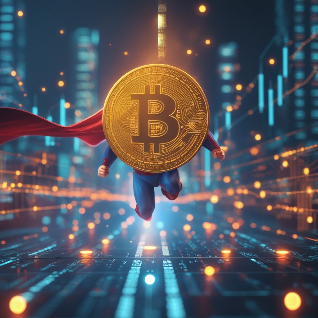 crypto daybook americas: A golden Bitcoin coin with a superhero cape flying over buildings