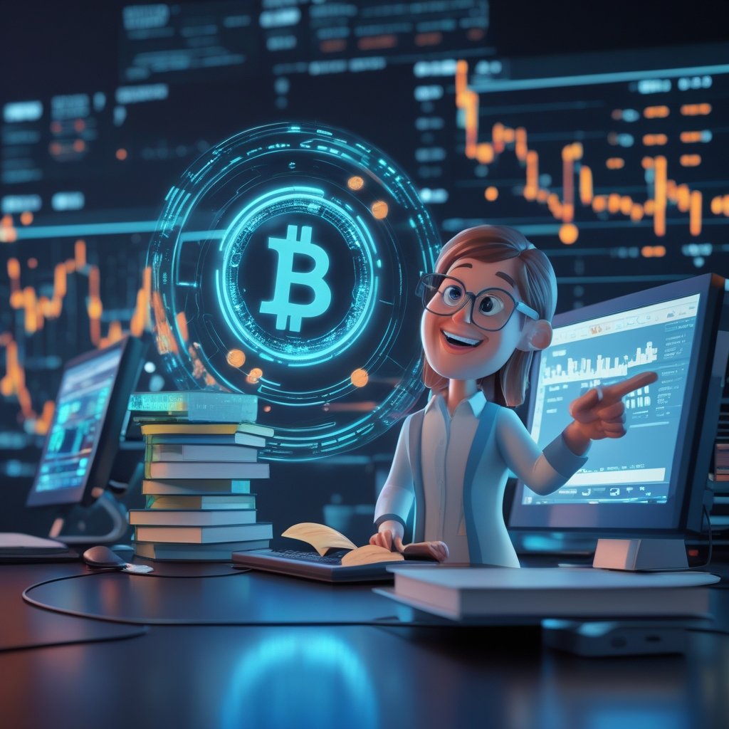 crypto education: cartoon illustration of a friendly teacher with books, smiling and pointing to a computer with blockchain symbols