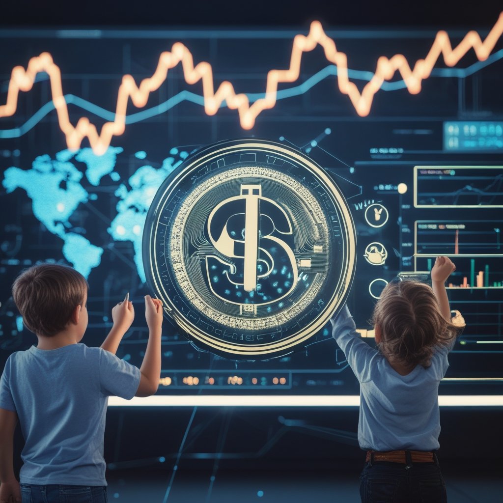 crypto education: children drawing futuristic technology on a chalkboard with happy faces and simple tech symbols