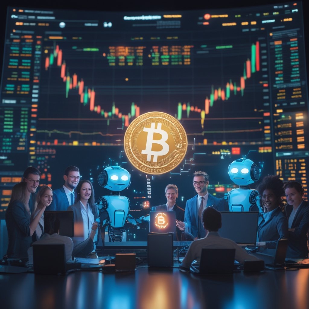 crypto education: diverse group of happy people working together with computers and friendly robot characters