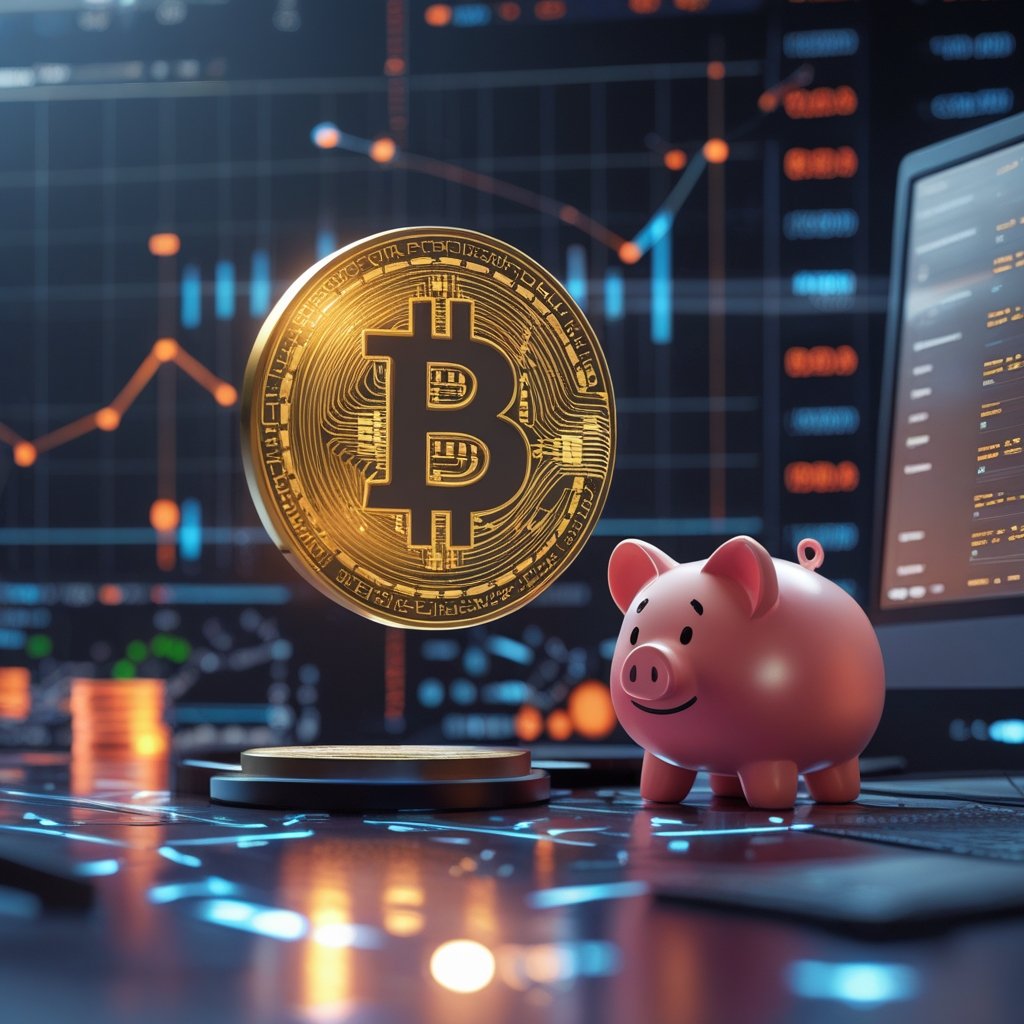 crypto fraud network: Cartoon of a piggy bank with a lock, next to a computer with a sad face