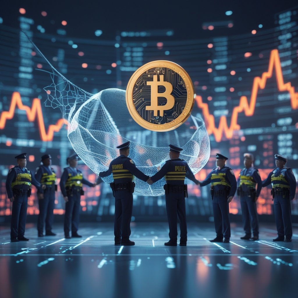 crypto fraud network: Cartoon of police officers from different countries holding hands, with a big net catching a cartoon villain