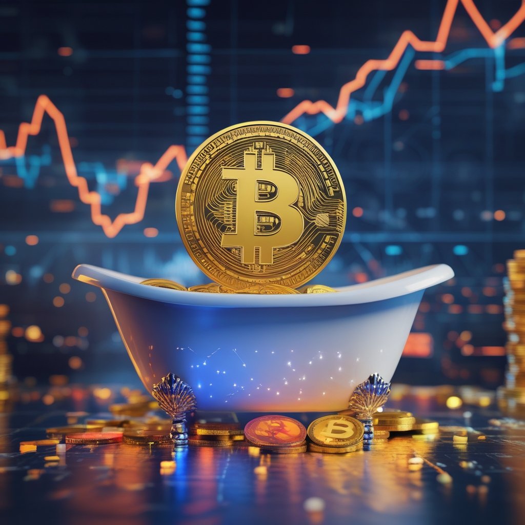 crypto funds: A cartoon bathtub filling with colorful digital coins