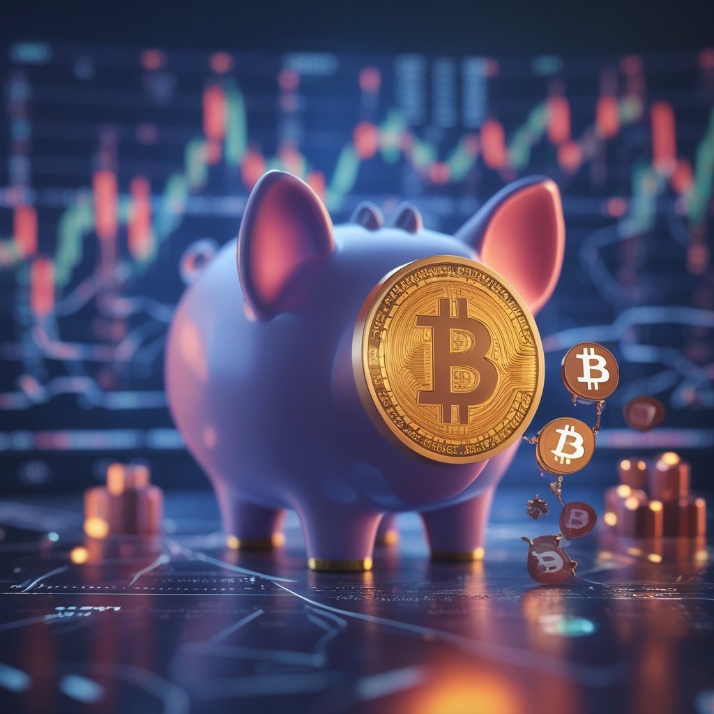 crypto market analysis: A friendly cartoon of a piggy bank with Bitcoin symbols coming out of it