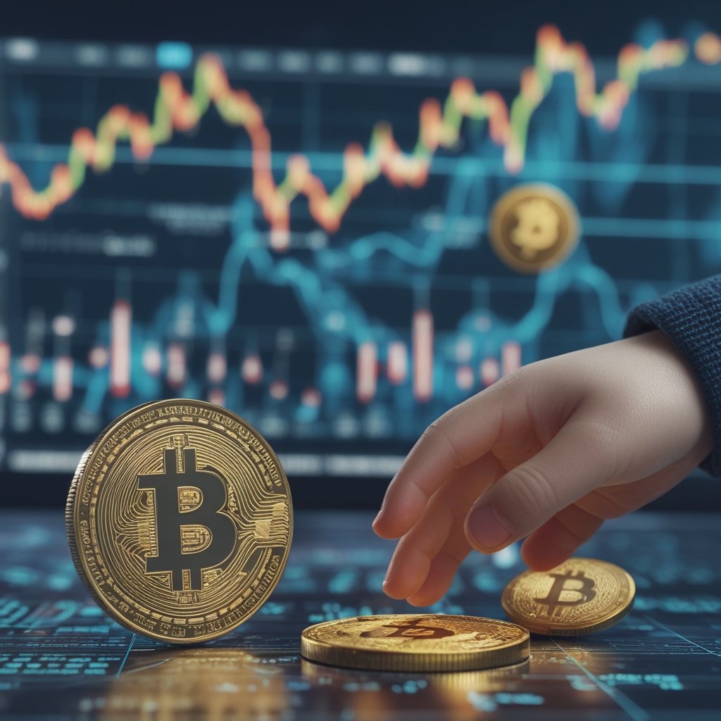 crypto market analysis: A picture showing a shiny gold coin next to a Bitcoin, with a child's hand reaching for both