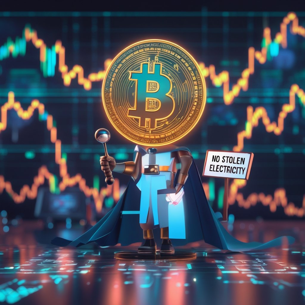 crypto mining Tajikistan: A friendly cartoon judge holding a gavel, with a sign that says 'No Stolen Electricity'