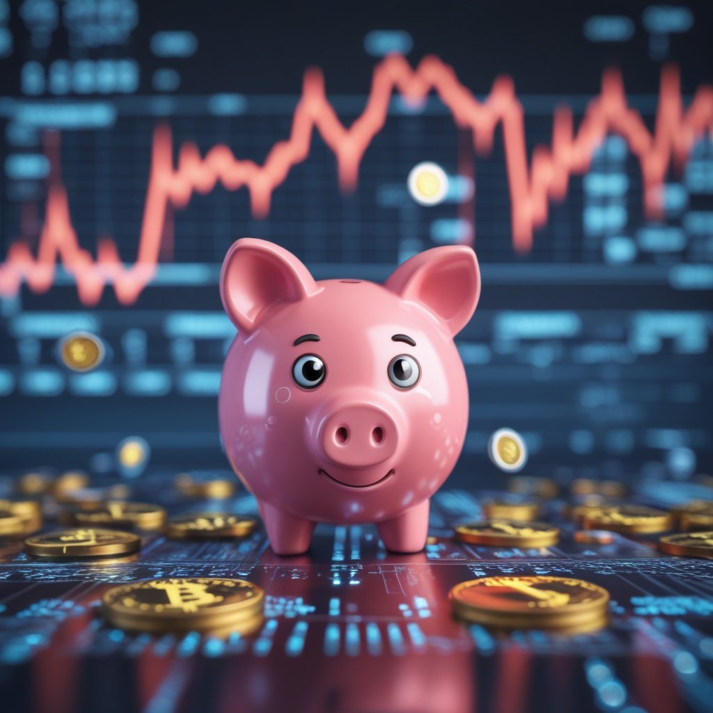 crypto on-chain activity: A cartoon showing a piggy bank losing coins, with sad faces on the coins as they disappear.